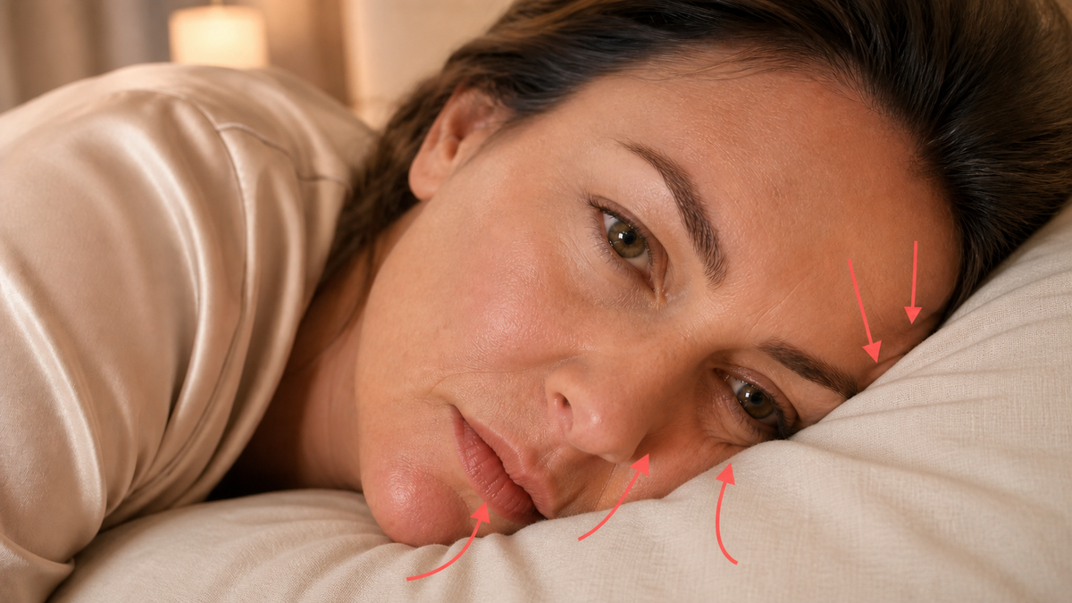 Close-up illustrating how a pillowcase fold can correspond with a mild temporary cheek imprint.