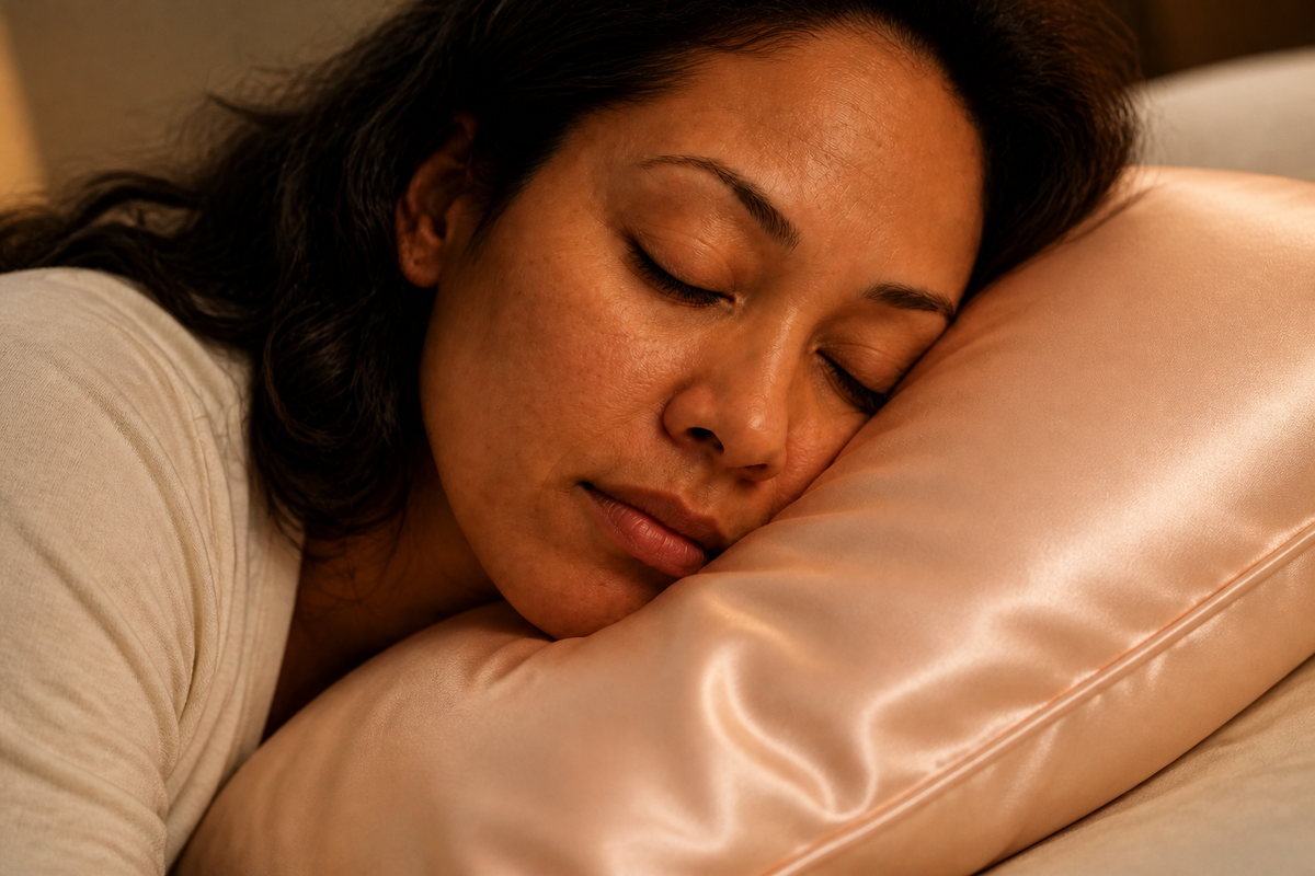 Side sleeper resting comfortably with her cheek on a smooth BodyComfortCo mulberry silk pillowcase.