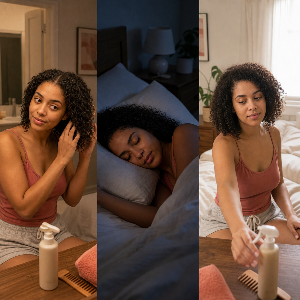 Bedtime, overnight, and morning sequence showing haircare continuing through hours of contact with a pillow.