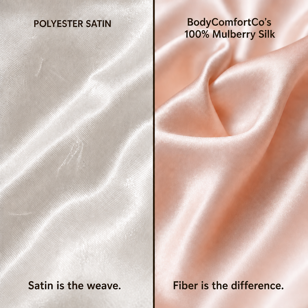 Macro comparison explaining that mulberry silk and polyester satin use different fibers even though both can have a satin weave.