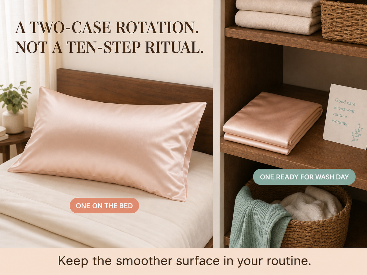 Two BodyComfortCo silk pillowcases shown as a practical rotation, with one on the bed and one clean for wash day.
