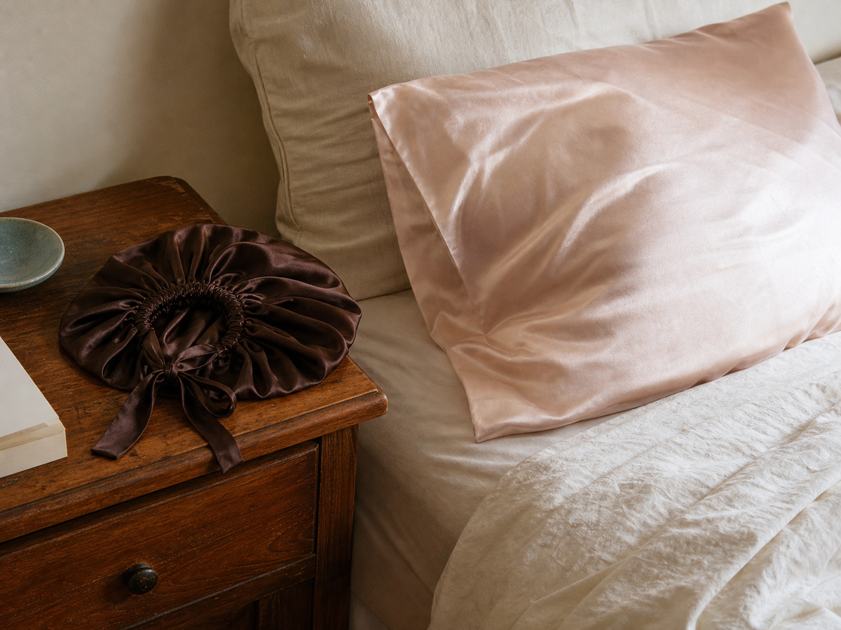 Dark satin bonnet on a nightstand beside an apricot silk pillowcase on the bed.