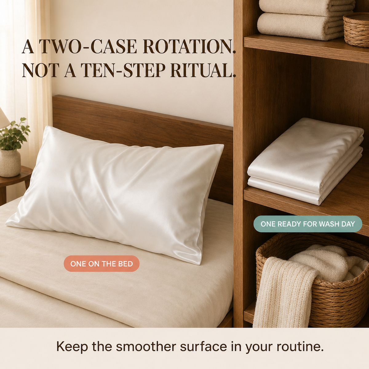 Zipper detail, pillow fit, and two-case washing rotation for the BodyComfortCo silk pillowcase.