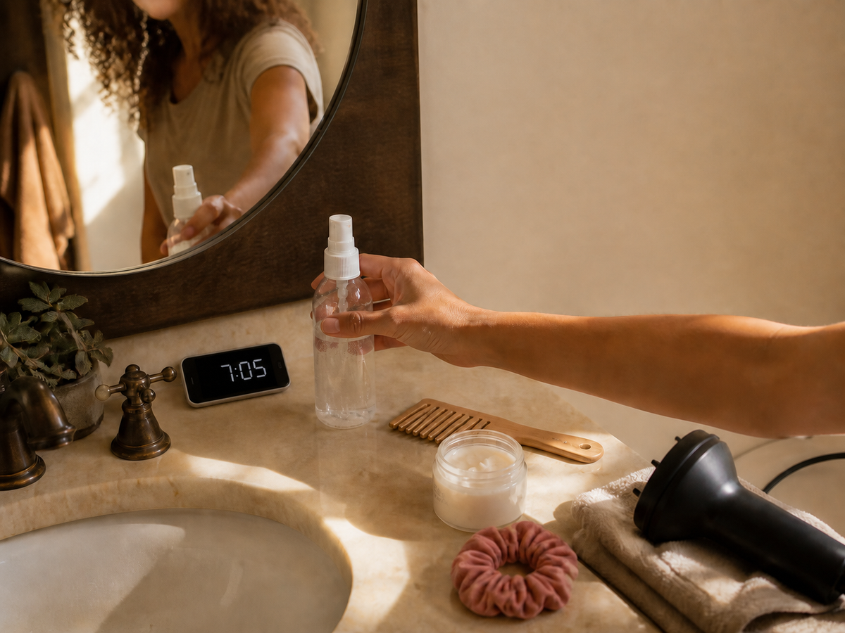 Morning hair-refresh tools on a bathroom counter as a woman reaches to redo part of her routine.