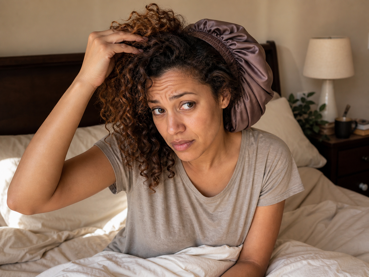 Woman sitting beside a bed with an apricot silk pillowcase and a bonnet resting on the nightstand.