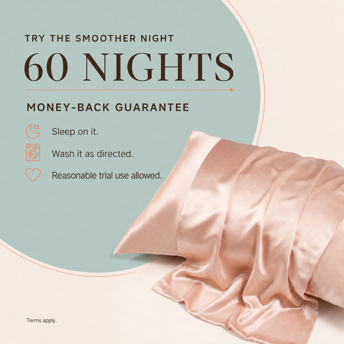 BodyComfortCo mulberry silk pillowcase beside a clear 60-day money-back guarantee message.