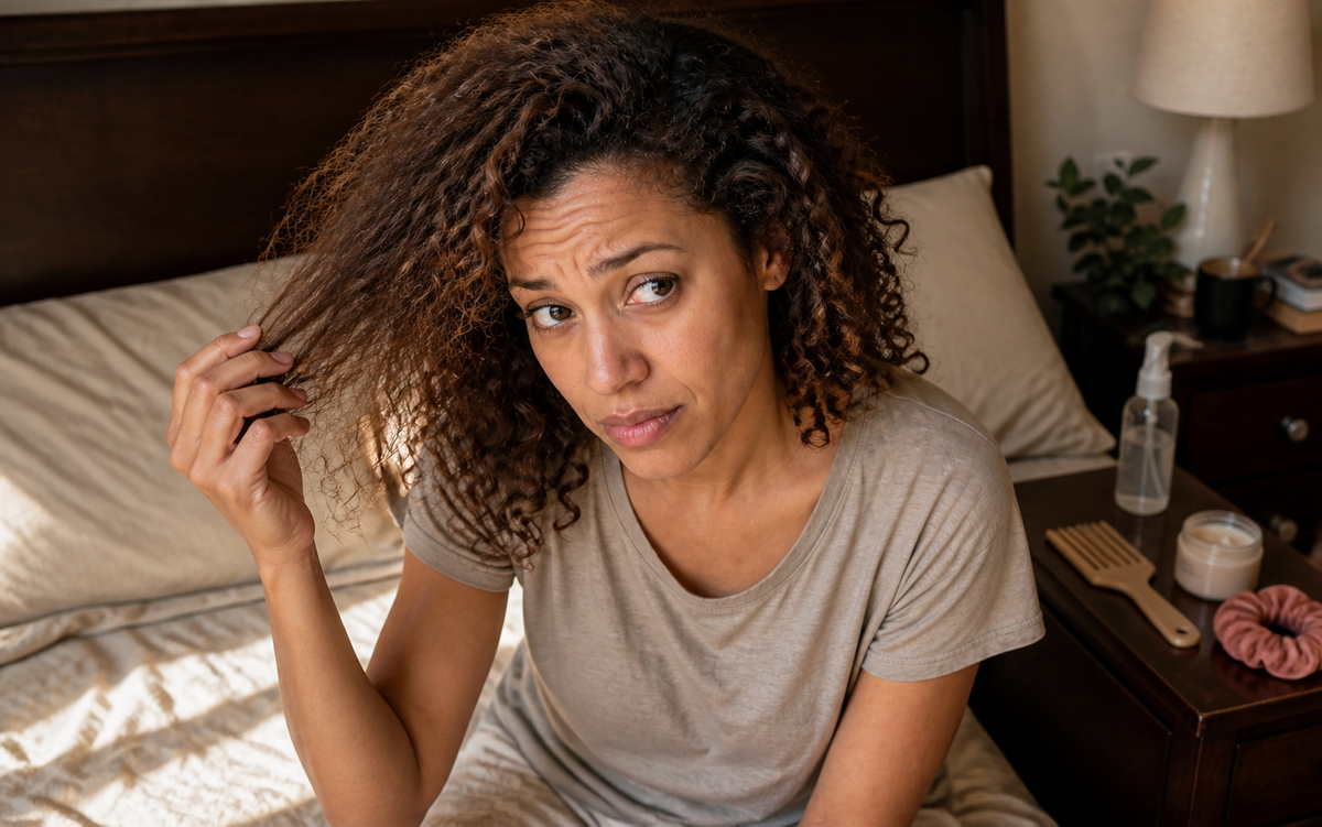 Woman inspecting a flattened section of her hair after waking, with her morning refresh products nearby.