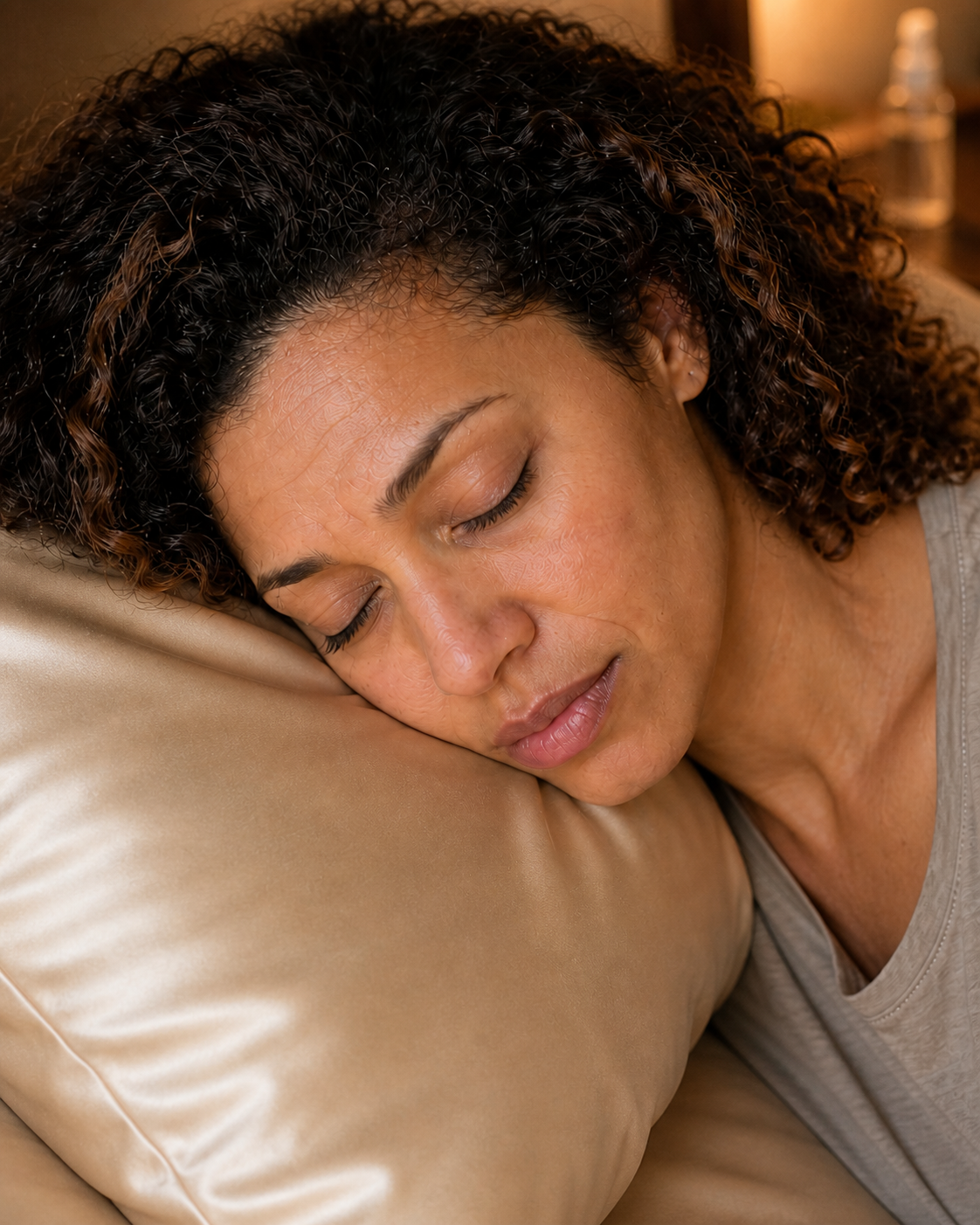 Side sleeper's cheek resting naturally against a smooth silk pillowcase with visible facial contact.