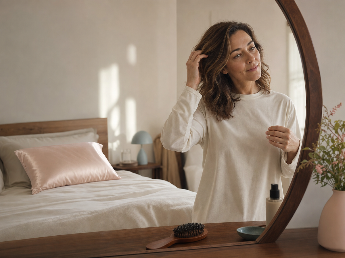 Woman checking her hair in the mirror with an apricot silk pillowcase visible on the bed behind her.