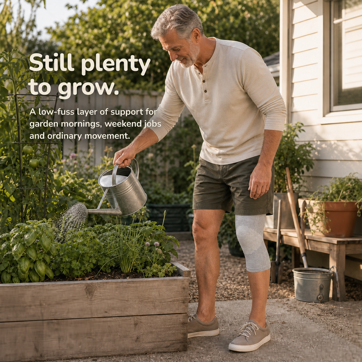 A man in a beige henley shirt and dark shorts waters a garden bed with a metal watering can. He is wearing a light gray knee support brace on his right leg, standing in a backyard garden next to a house.