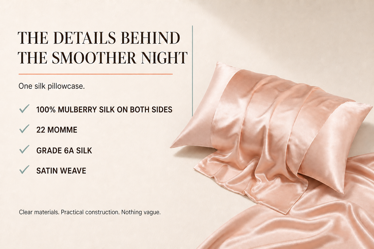 BodyComfortCo mulberry silk pillowcase with close-ups of its silk surface, reverse side, seams, and zippered closure.