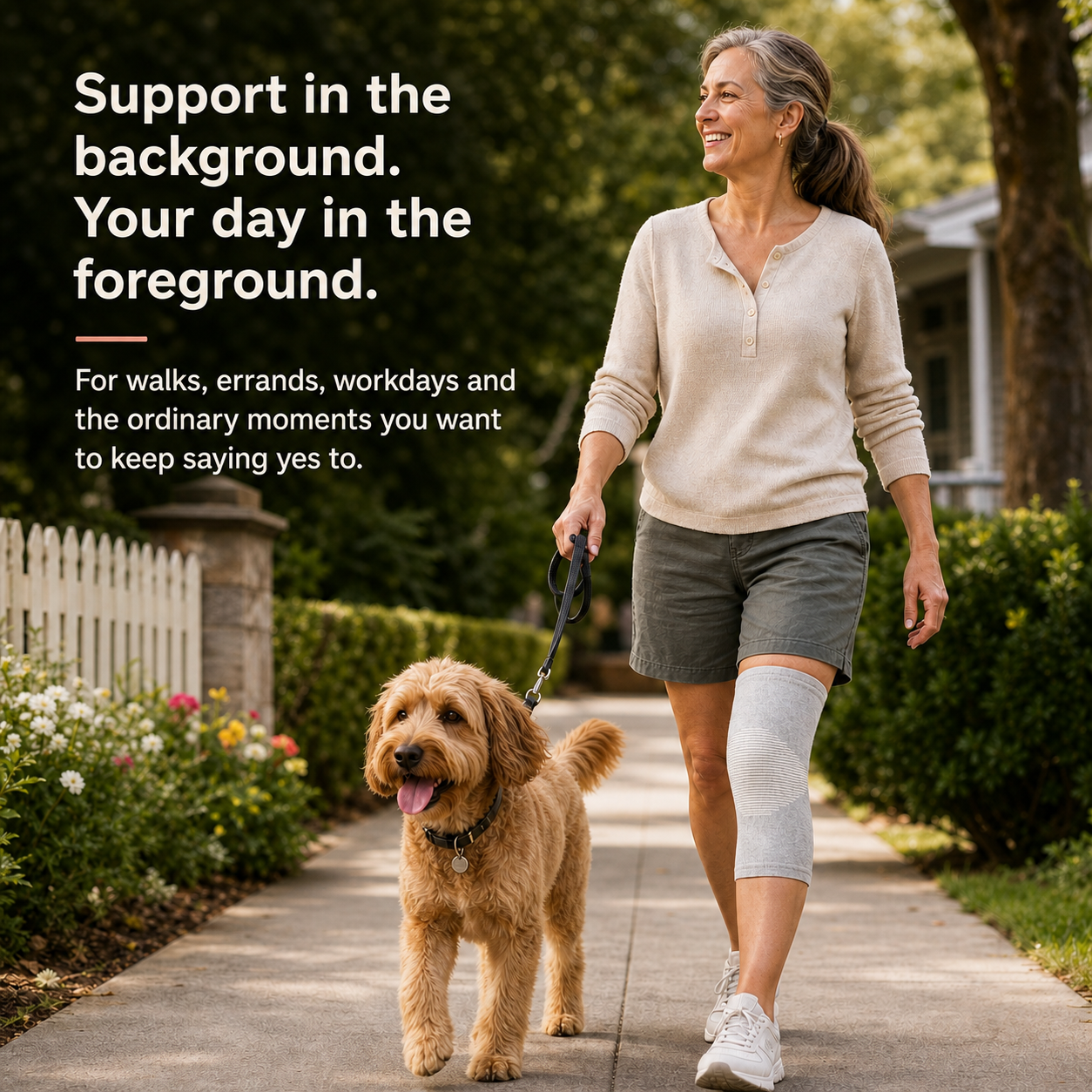 A woman walking a golden retriever on a paved path outdoors, wearing a beige long-sleeve henley, dark gray shorts, and white sneakers with a light gray leg cast. Text on the left reads, 'Support in the background.
