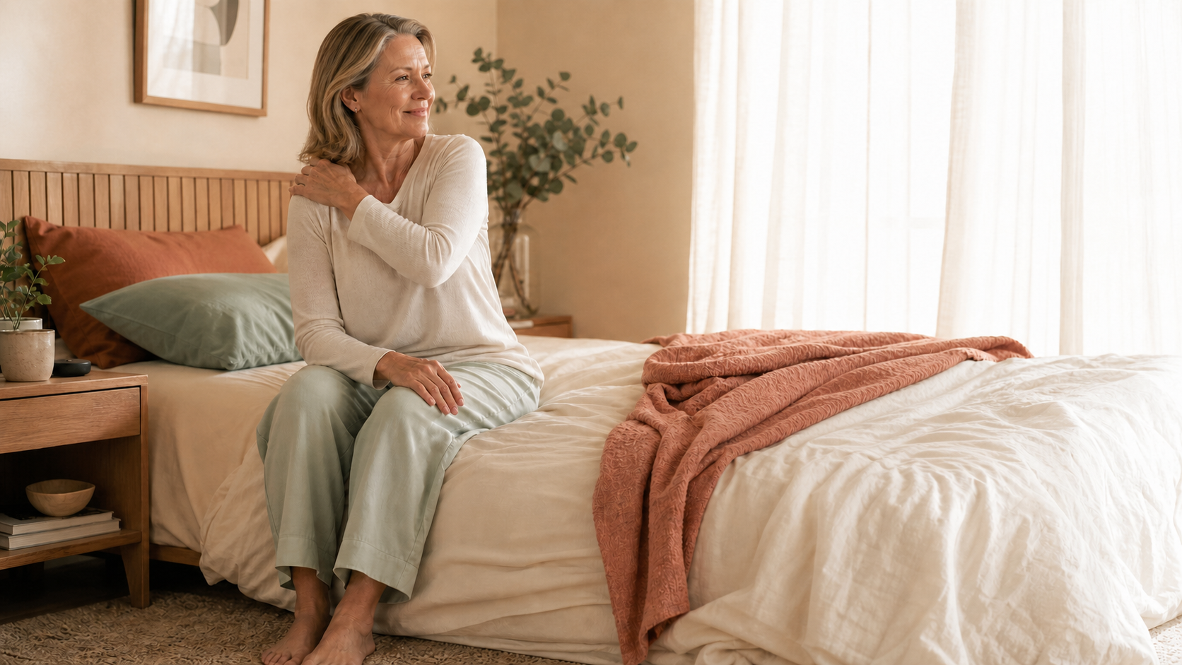Women sitting on the edge of her bed with still lower back and hip