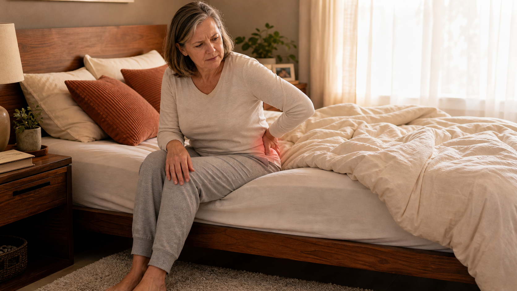Women sitting on the edge of her bed with still lower back and hip