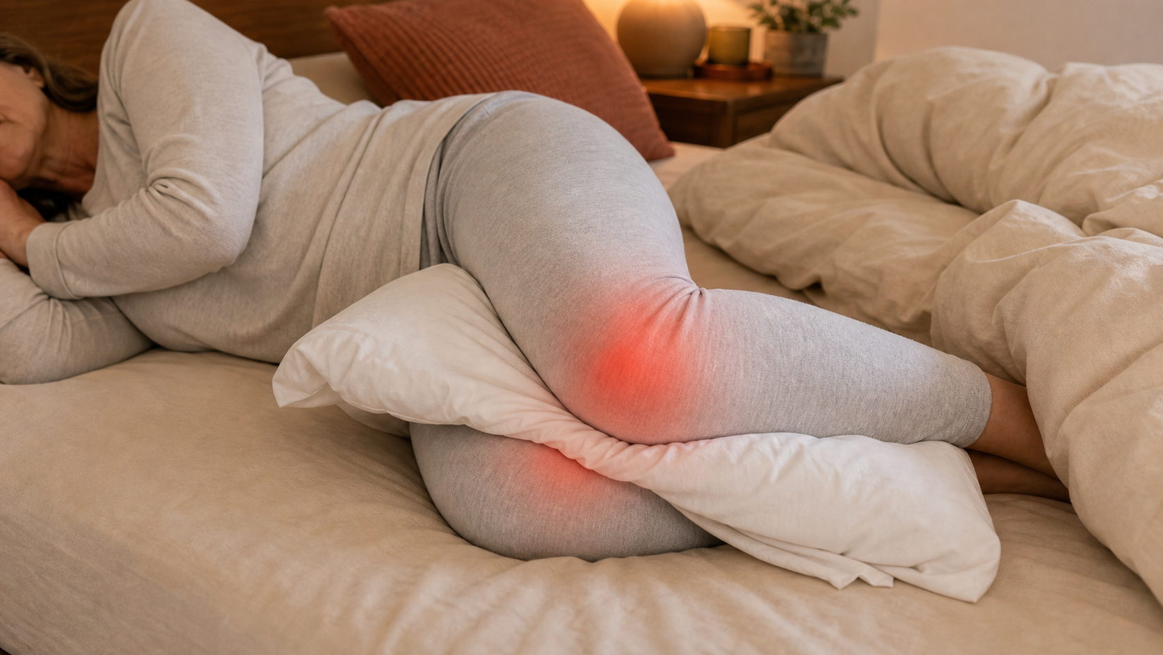 Illustration of knee pressure with thin pillow while side sleeping