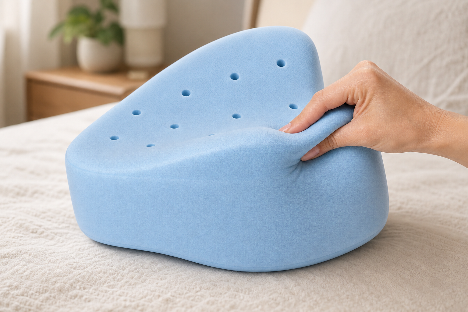 Women sitting on the edge of her bed with still lower back and hip